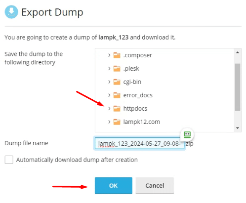 Cửa sổ chọn thư mục lưu bản dump với thư mục httpdocs