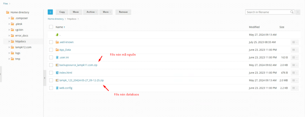 File dump cơ sở dữ liệu nằm trong thư mục httpdocs