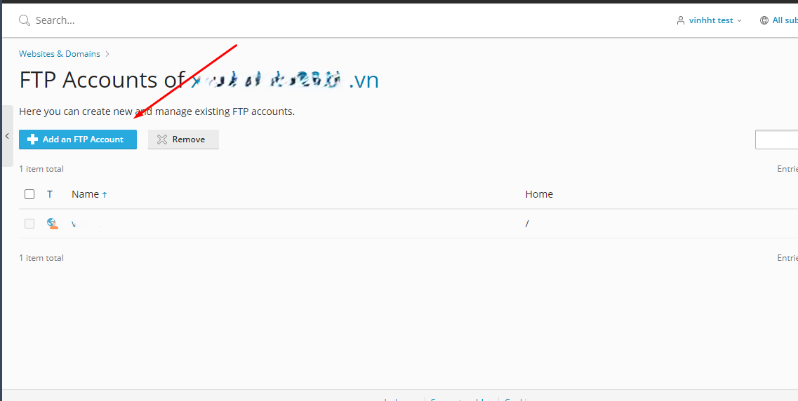 Nút Add an FTP Account trên trang FTP Access của Plesk