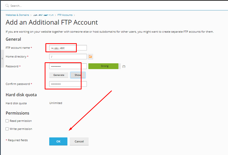 Biểu mẫu tạo tài khoản FTP mới với ô tên đăng nhập, thư mục gốc và mật khẩu