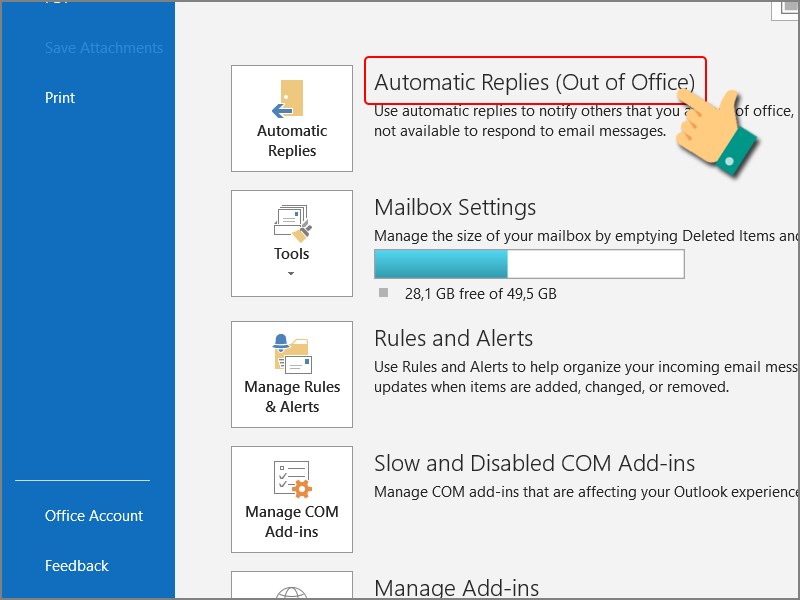 Trang Account Information trong Outlook với ô Automatic Replies Out of Office