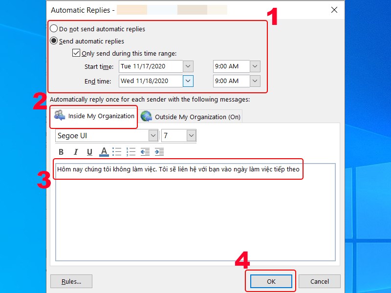 Hộp thoại Automatic Replies với ô Send automatic replies và khung nhập nội dung tab Inside My Organization