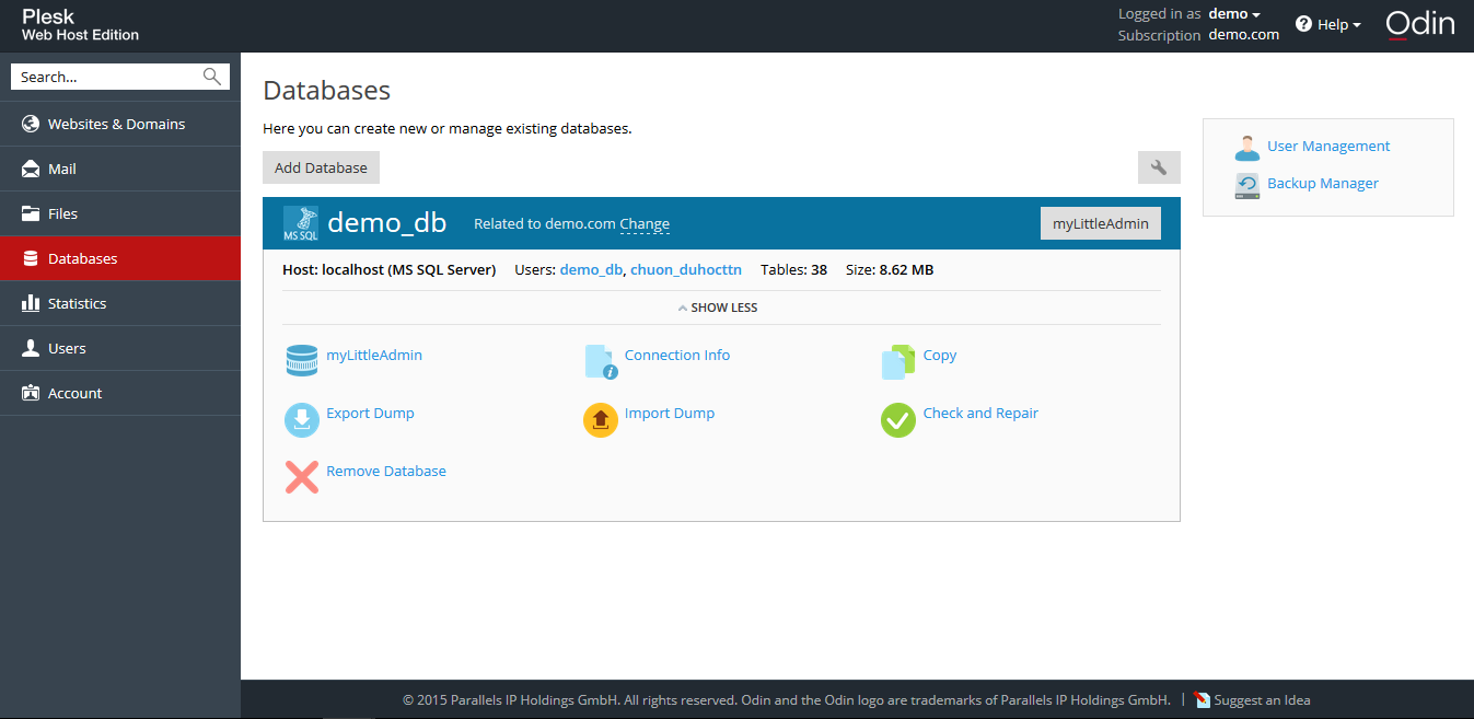 Nút Export Dump trên dòng cơ sở dữ liệu trong mục Databases của Plesk
