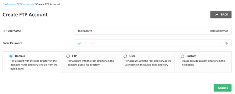 Biểu mẫu Create FTP Account với ô tên đăng nhập, mật khẩu và lựa chọn thư mục