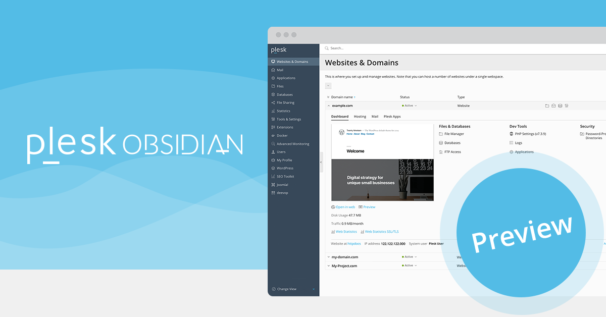 Giao diện Plesk Obsidian với danh sách website và các nhóm chức năng quản trị